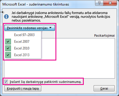 Suderinamumo tikrintuvas, rodantis tikrintinas versijas