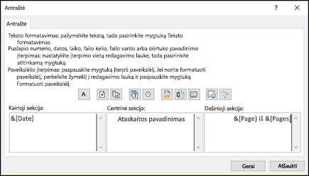 Puslapio parametrai dialogo langas Pasirinktinė antraštė