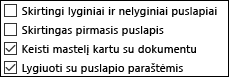 Antraštės ir poraštės parinktys dialogo lange Puslapio parametrai