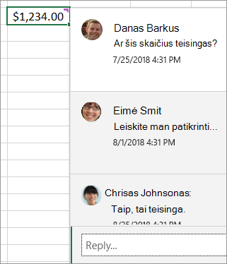 Langelis su $ 1,234.00, ir gijos komentaras pridėtas: Dave Ludwig: Ar šis skaičius teisingas? Amy Smith: Leiskite man patikrinti... ir t. t.