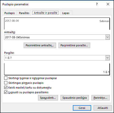 Puslapio parametrai > Antraštės ir poraštės parinktys