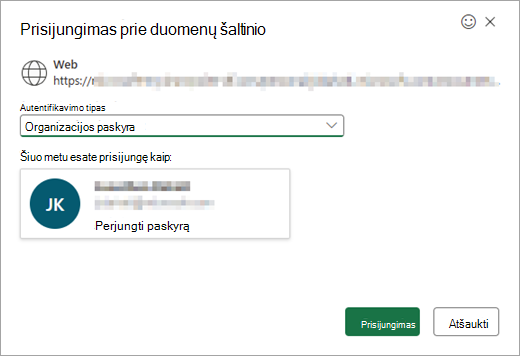 Parodomas langas Prisijungimas prie duomenų šaltinio su išplečiamuoju sąrašu, kuriame galima pasirinkti autentifikavimo tipą.