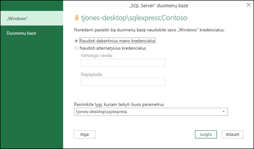 „Power Query“ „SQL Server“ ryšio prisijungimo kredencialus
