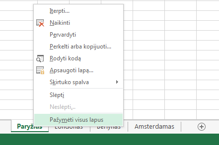 Dešiniojo pelės mygtuko meniu pasirinkta Pažymėti visus lapus.