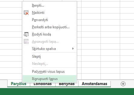 Dešinio pelės mygtuko meniu pasirinkta parinktis Išgrupuoti lapus.