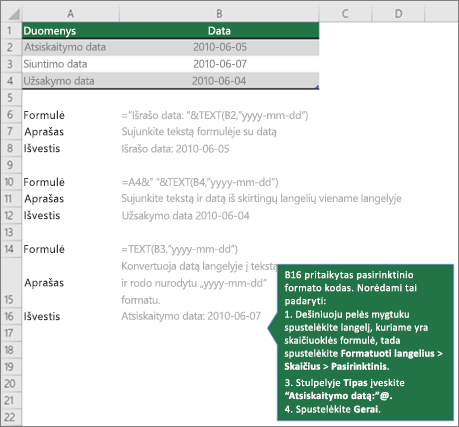 Pavyzdžiai, rodantys, kaip formulės gali sujungti tekstą su datos ir laiko reikšmėmis