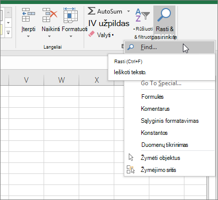 Juostelės parinktis Rasti