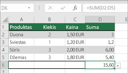 Funkcijos SUM su pavadintu diapazonu pavyzdys