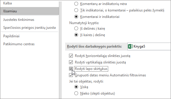 Lapų skirtukų rodymas