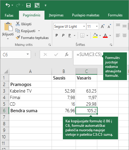 Kai kopijuojate formulę, langelio nuorodos atnaujinamos automatiškai