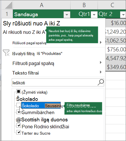 Filtro rūšiavimas arba taikymas lentelei
