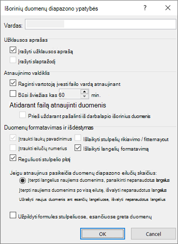Išorinių duomenų diapazono ypatybių dialogo lango pavyzdys