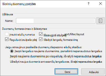Dialogo lango Išorinio diapazono ypatybės pavyzdys