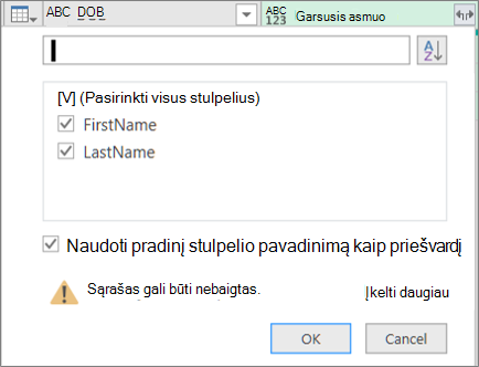 Struktūrinio įrašo stulpelio spustelėjimas Išplėsti