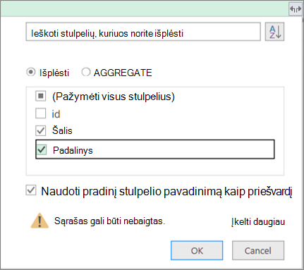 Struktūrinės lentelės išplėtimas į užklausos lentelę
