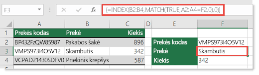 Naudokite INDEX ir MATCH, kad peržvelgtumėte reikšmes, ilgesnes nei 255 simboliai