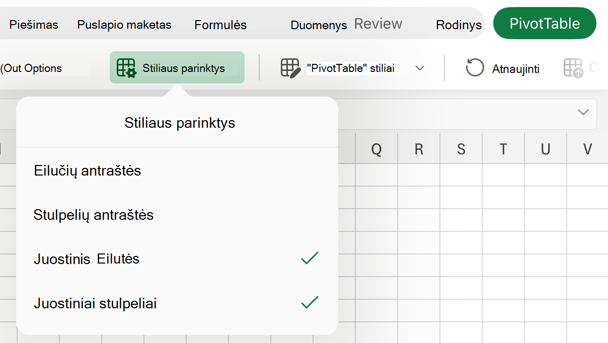 Stiliaus parinkčių išplečiamasis sąrašas 
