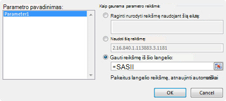 MS užklausos parametrų dialogo langas