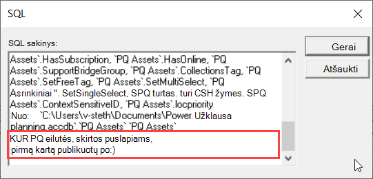 MS užklausos SQL rodinys, kuriame akcentuojama sąlyga WHERE