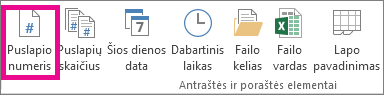 Grupėje Antraštės & poraštės elementai spustelėkite Puslapio numeris