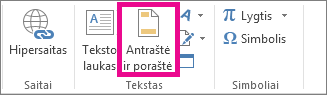 Antraštės & poraštės parinktis skirtuke Įterpimas