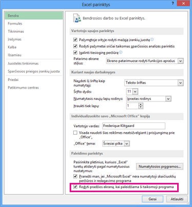Įjungimo parinktys dialogo lange „Excel“ parinktys