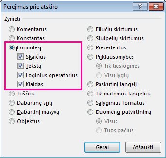 Formulių radimo parinktys specialiajame lange Perėjimas