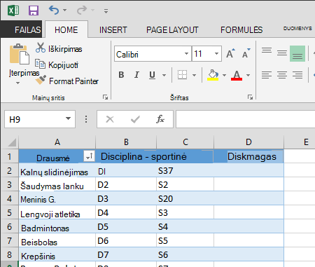 lentelės išplėtimas programoje „Excel“