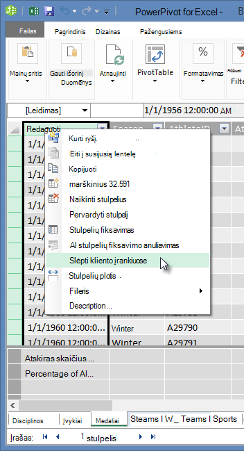 spustelėkite dešiniuoju pelės mygtuku, kad paslėptumėte lentelės laukus „Excel“ kliento įrankiuose