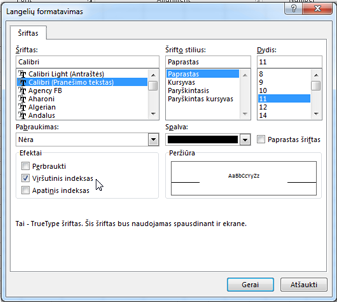 Dialogo langas Formatas, kuriame pažymėtas apatinis indeksas.