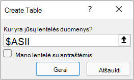 Iš lentelės dialogo lango