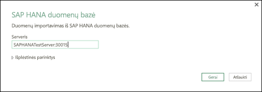SAP HANA duomenų bazės dialogo langas