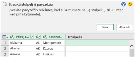 „Power Query“ stulpelio sujungimo iš pavyzdžio sritis