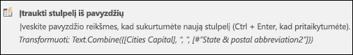 „Power Query“ stulpelio sujungimo iš pavyzdžio pasirinktinio stulpelio formulė