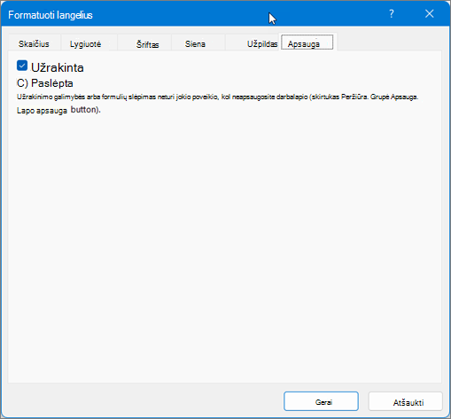 Skirtukas Apsauga, esantis dialogo lange Langelių formatavimas