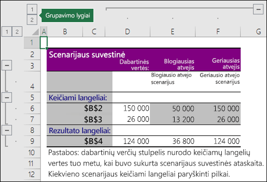 Scenarijaus suvestinė su langelių nuorodomis