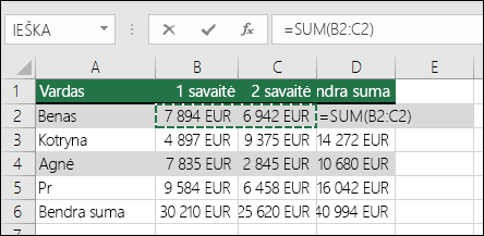 Langelyje D2 rodoma automatinės sudėties formulė SUM: =SUM(B2:C2)