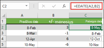 Naudokite EDATE, kad sudėtumėte ar atimtumėte mėnesius iš datos. Šiuo atveju =EDATE(A2,B2), kur A2 yra data, o B2 turi mėnesių skaičių, kurį reikia pridėti ar atimti.