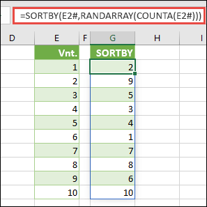 Naudokite SORTBY su RANDARRAY ir COUNTA. Šiuo atveju E2# nurodo visą diapazoną nuo langelio E2, kaip kad buvo užpildytas naudojant = SEQUENCE(10). Ženklas # vadinamas sulieto diapazono operatoriumi.