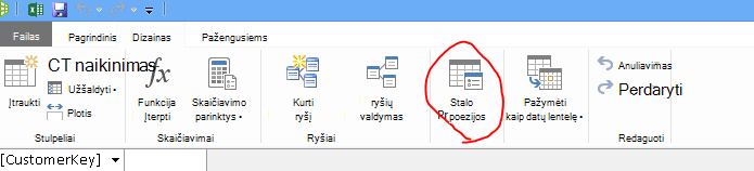 „PowerPivot“ lango juostelė, kurioje rodoma komanda Lentelės ypatybės