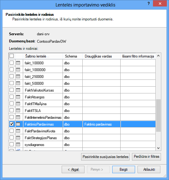 Lentelių importavimo vediklis „PowerPivot“ priede