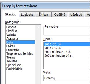 Dialogo langas Langelių formatavimas