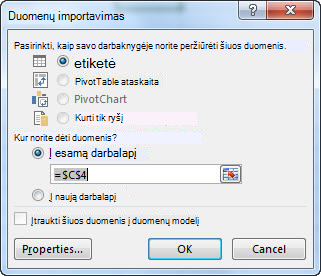 Dialogo langas Duomenų importavimas programoje 