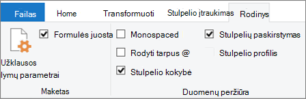 Duomenų profiliavimo parinktys „Power Query“ rengyklės juostelės skirtuke Rodinys