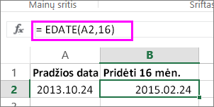 naudokite formulę EDATE, kad prie datos pridėtumėte mėnesių