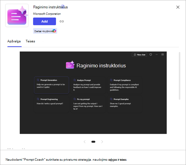 Programos ekrano kopija, kurioje rodoma daugiau informacijos ir galimybė ją įtraukti į 