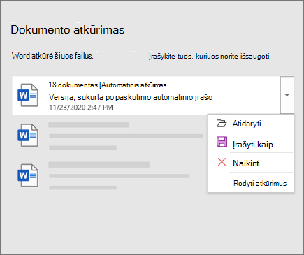 Automatiškai atkurtas failas, nurodytas dokumento atkūrimo srityje