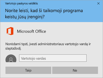 Ekrano nuotrauka, kurioje matomas langas Vartotojo paskyros valdymo tarnyba