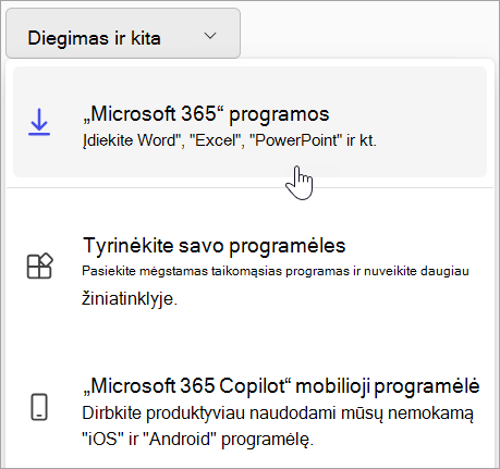 Ekrano kopija, kurioje rodoma svetainė Office.com prisijungus naudojant darbo arba mokymo įstaigos paskyrą