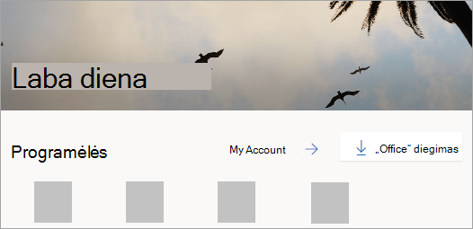 Ekrano kopija, kurioje rodomas Office.com pagrindinis puslapis prisijungus